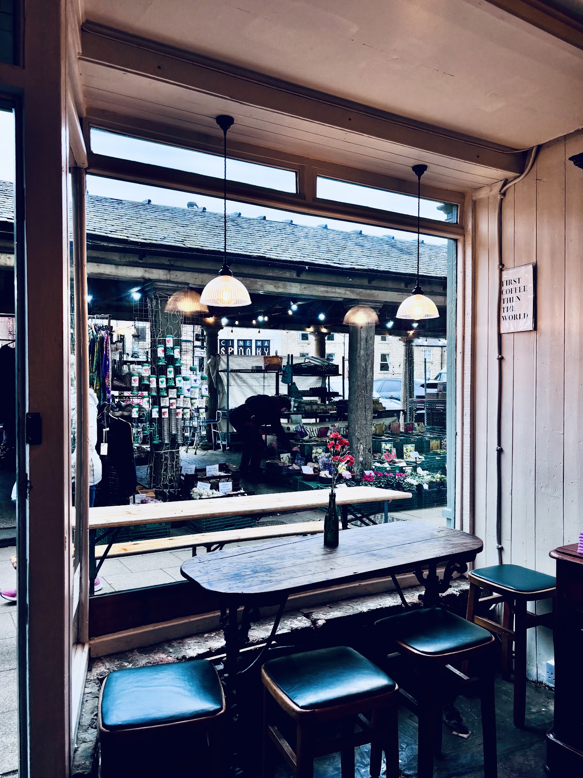 Window bench looking out onto Hexham's covered market