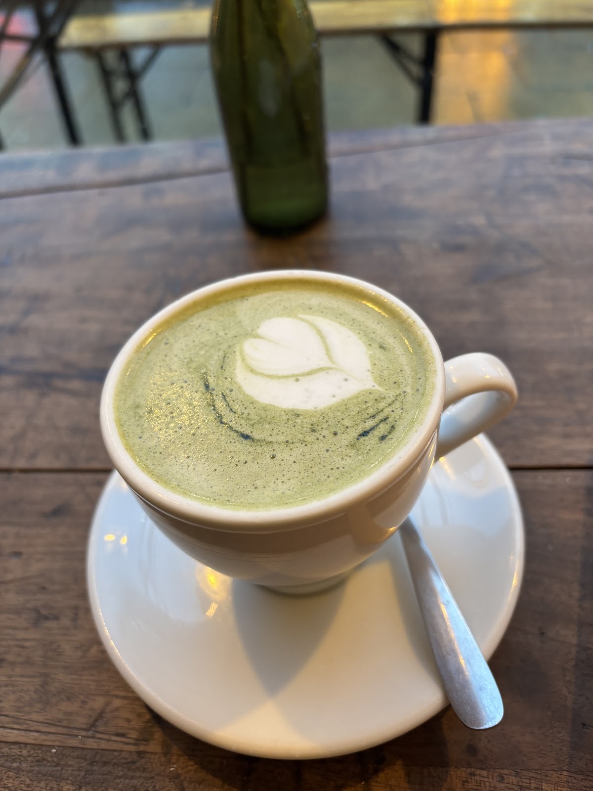 Matcha latte with heart latte art