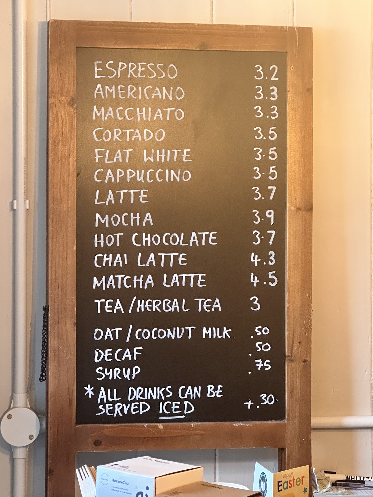 The coffee price board at Marketplace Coffee Hexham